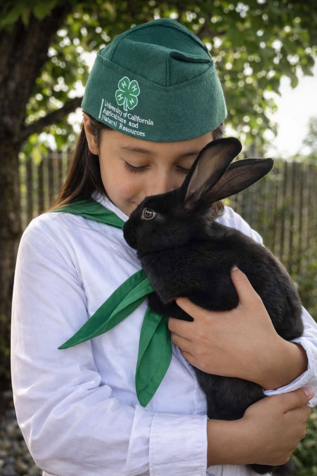 4-H member cradling her show rabbit before judging
